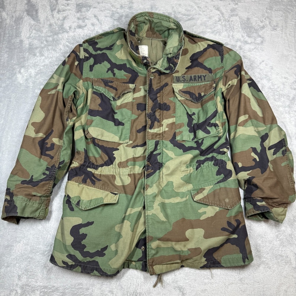 Vintage Army Camo Coat Jacket Cold Weather Small Long Woodland Distressed FLAW